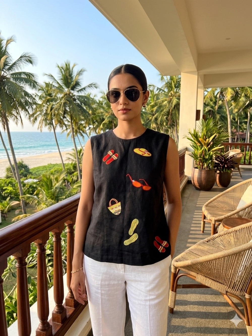 Black Linen Blend Sleeveless Top with Fun Summer Embroidery Beach Vacation Chic